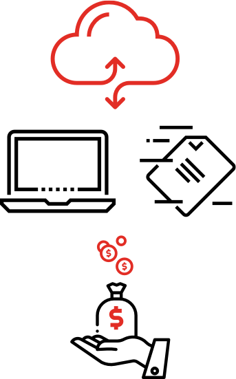 Graphic showing cloud laptop, document, and hand with money