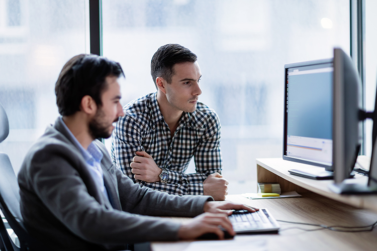 Picture of businesspeople working on computer together in office