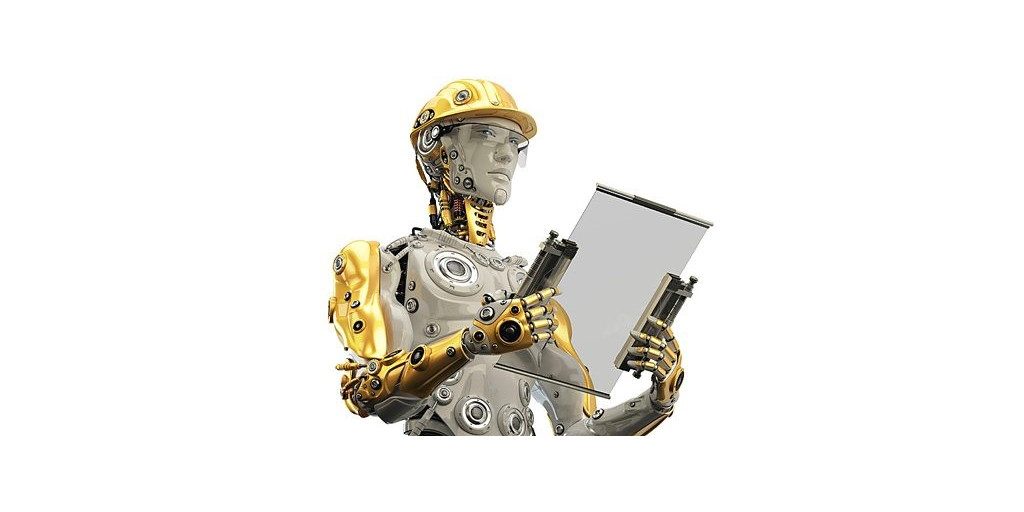 cyborg with hardhat holding glass clipboard